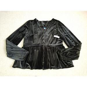 NWT Womens Top-OLD NAVY-black velvet button-up babydoll peplum V-neck ls-L Tall